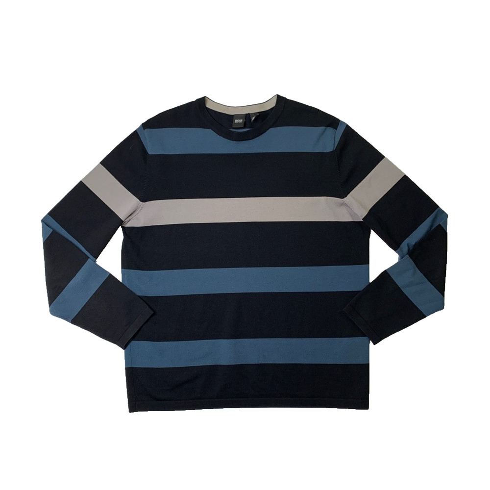 Vintage Hugo Boss Sweater Men L Large Wool Blend Knit Striped Crew Neck Pullover